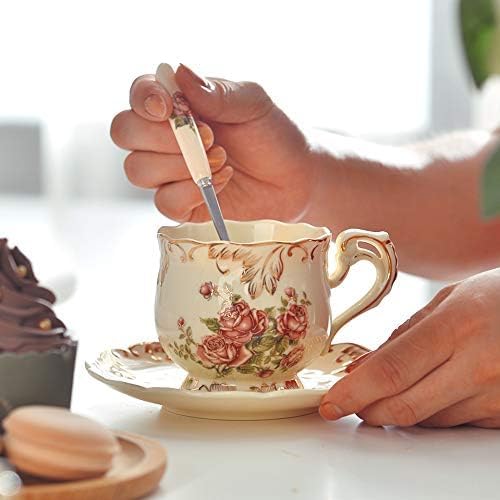 YOLIFE Tea Cups and Saucers Set of 6, 8 OZ Pink Rose Coffee Cups | Ivory