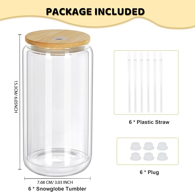 16 Oz Snow Globe Tumbler, 6 Pack Pre-Drilled Sublimation Glass Cup