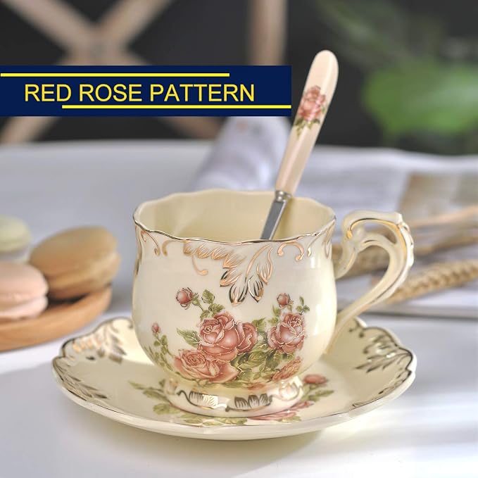 YOLIFE Tea Cup and Saucer Set, 8 OZ Pink Rose Tea Cup Set | Ivory Vintage