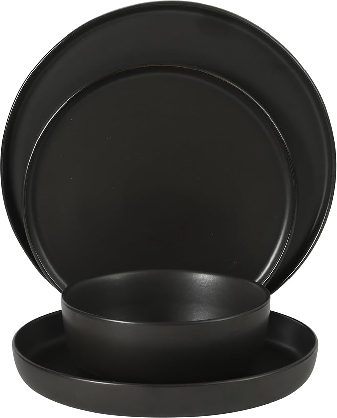 Gibson Elite Bayou Moon Plates and Bowls Sets, 16-Piece Black Matte Stoneware