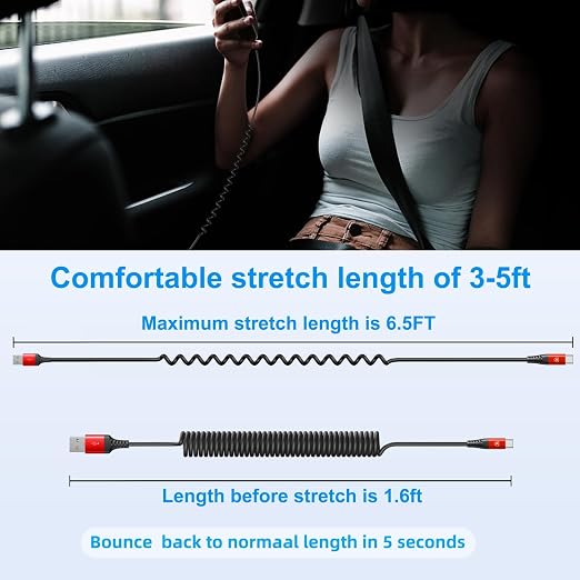 Coiled USB A to USB C Cable for Car 6FT 2Pack USB C Charger Cable Fast Charging