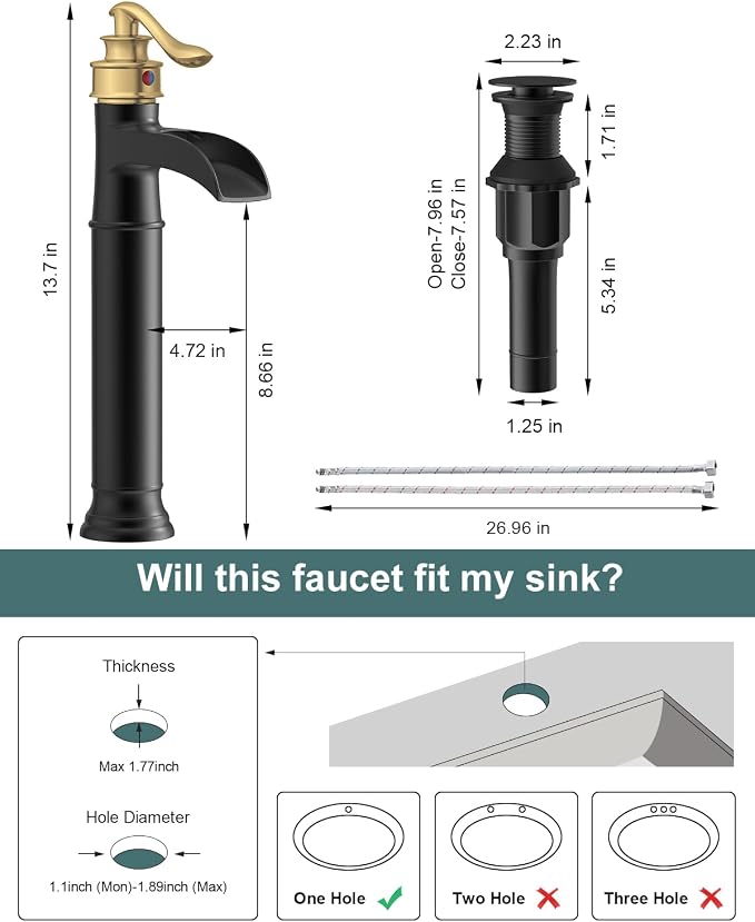 Waterfall Vessel Sink Faucet Black and Gold Bathroom Faucet 1 Hole