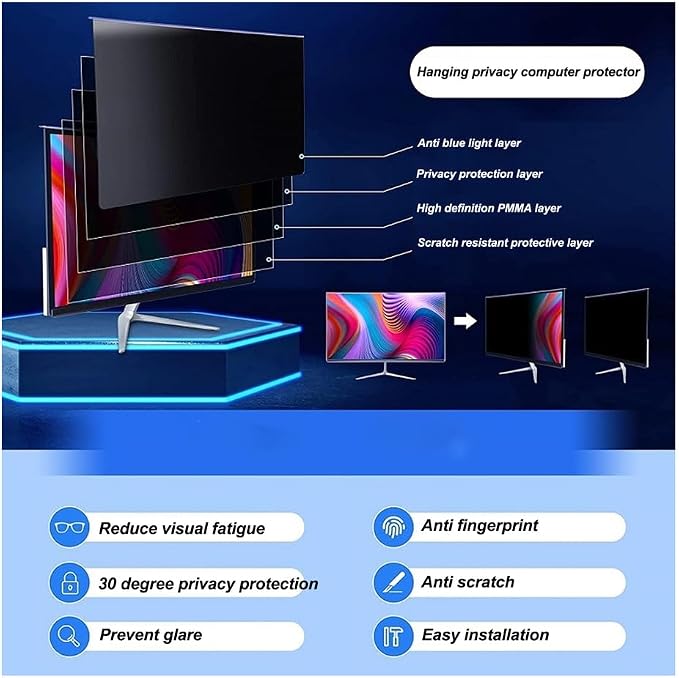 24 inch Hanging Monitor Computer Privacy Screen Filter, Anti Glare Blue Light