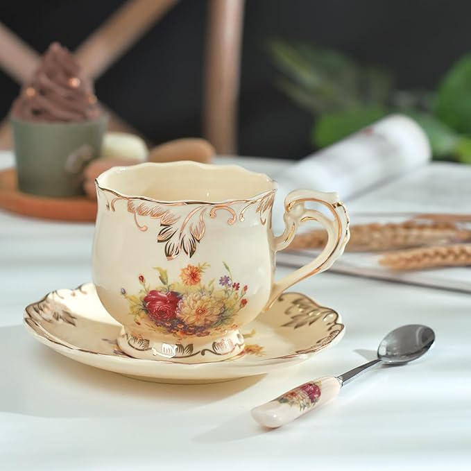 YOLIFE Tea Cup and Saucer Set, 8 OZ Flowering Shrubs Tea Cup Set | Ivory