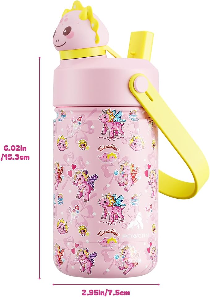 POWCAN 12 oz Kids Water Bottle: 2-in-1 Straw Spout Lid