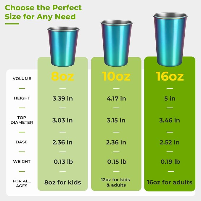 8oz Stainless Steel Pint Cups, Stackable Metal Drinking Glasses | Stainless