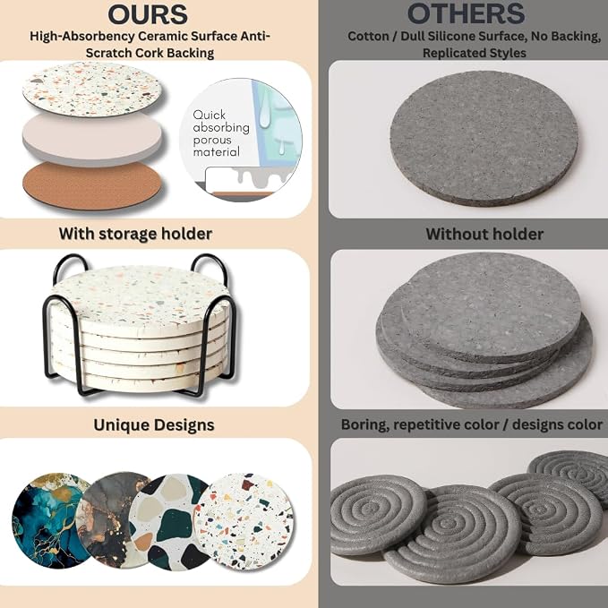 Ceramic Marble Coasters Set of 6, Absorbent Drink Coasters