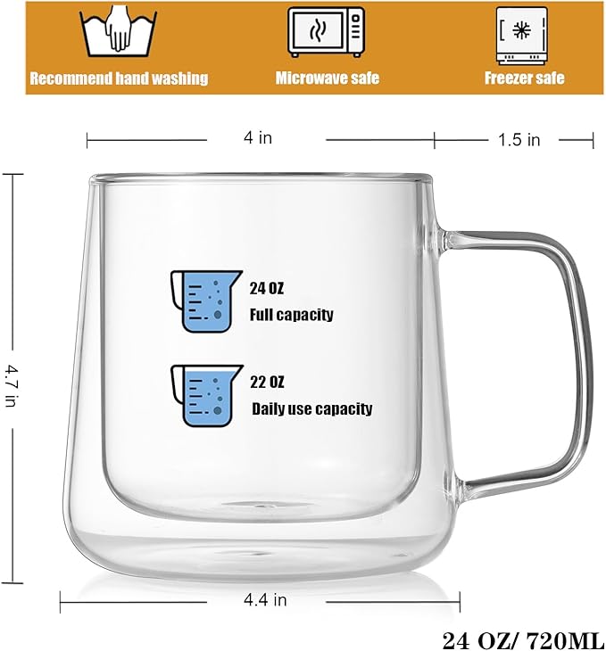Extra Large Thicken Double Wall Glasses Coffee Mugs Tea Cups set of 2, 24OZ