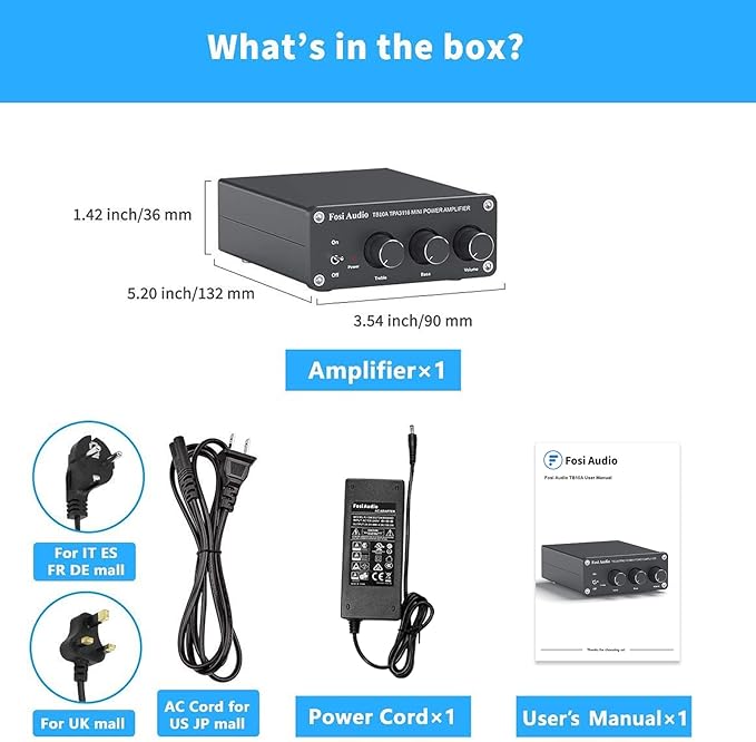 Fosi Audio TB10A 2 Channel Stereo Audio Amplifier Receiver Mini Hi-Fi Class D