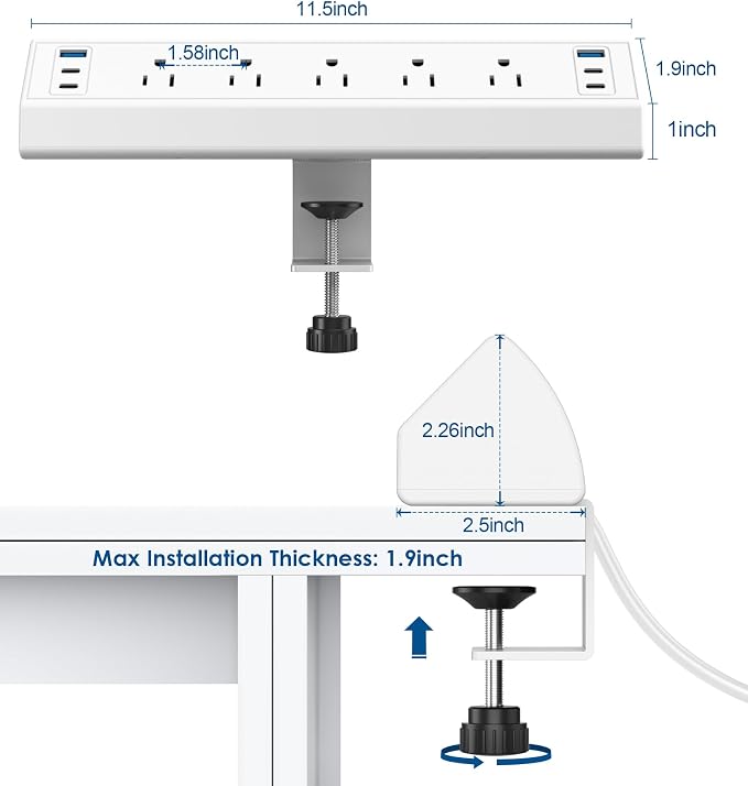 Desk Clamp Power Strip USB C, Under Desk Mount Power Station, 20W Fast Charging