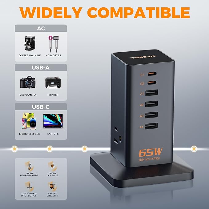 USB Charging Station for Multiple Devices 10Ft Cord, TESSAN 9-in-1 USB C