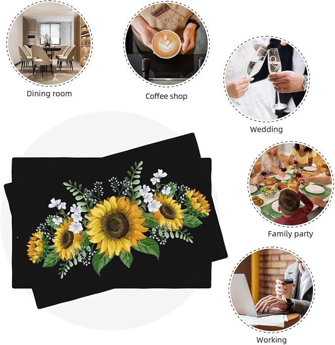 Fiokroo Sunflowers Wild Flowers Placemats Set of 6 Table Mats Table Tableware