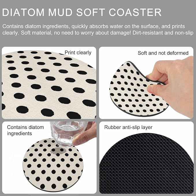 Wave Point Black Coasters Set of 4, Modern Minimalist Geometric on Linen Soft