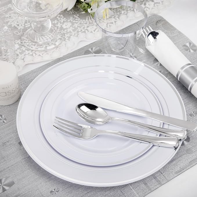 WELLIFE 210 Piece Silver Plastic Dinnerware Set