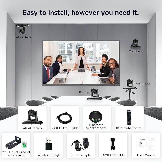 TONGVEO 4K Conference Room Camera System, AI Auto-Tracking PTZ Camera 5X