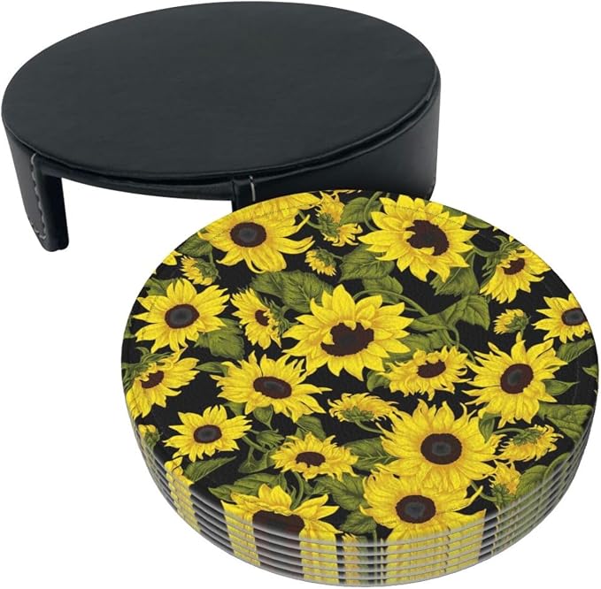 Drink Coasters with Holder Stand Set of 6, Sunflower Pu Leather Absorbent