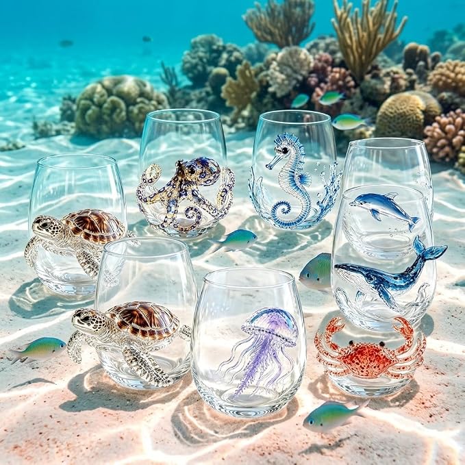 Artisanal Blue Ringed Octopus Glassware, 3D Ocean Glass Wine Glass,Dolphin |