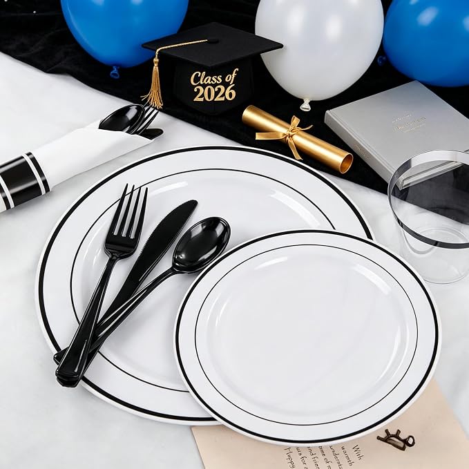 WELLIFE 210Pcs Black Plastic Dinnerware