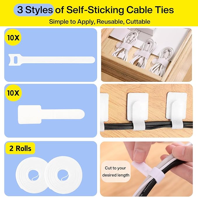Cable Management Kit, 67 Adhesive Cable Clips, Topavatop Desk Cord Organizer