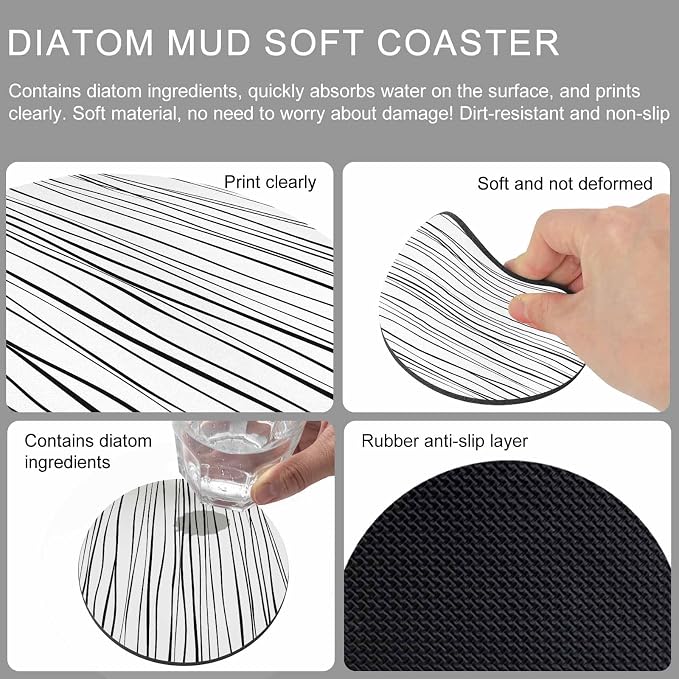 Black Coasters Set of 4, Abstract Lines Gradient Minimalist Modern Texture Soft