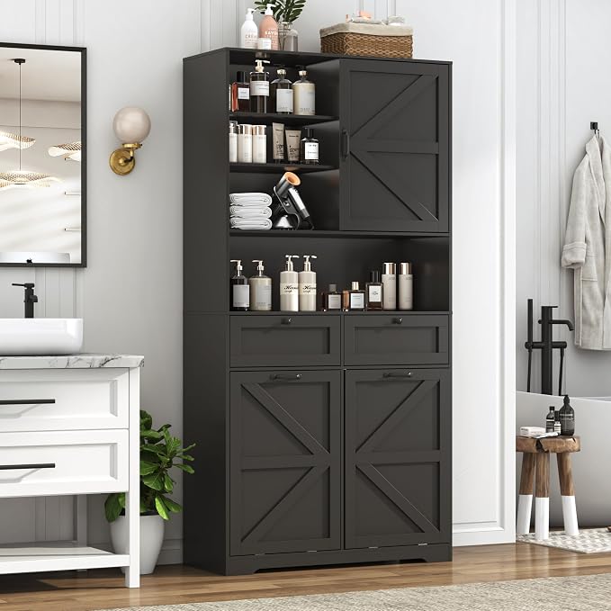 78" Tall Tilt-Out Double Doors Laundry Cabinet Hamper w Hidden Laundry
