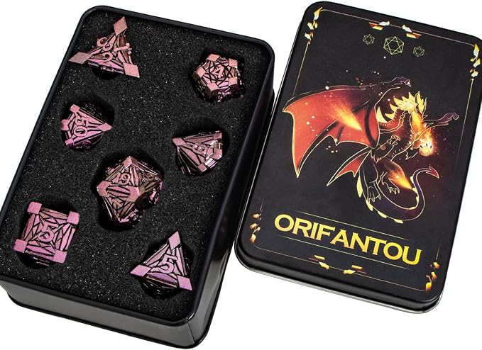 7PCS Metal DND Dice Set with Box, Debris RPG Purple Red D and D Dice