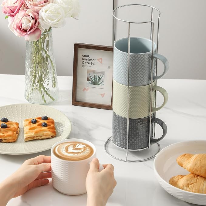 HASENSE Coffee Mugs with Metal Stand, 15 oz Ceramic Stackable Mug Set Embossed