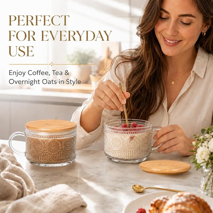 Semderm Vintage Glass Coffee Mugs Set of 4, Overnight Oats Containers - 14oz