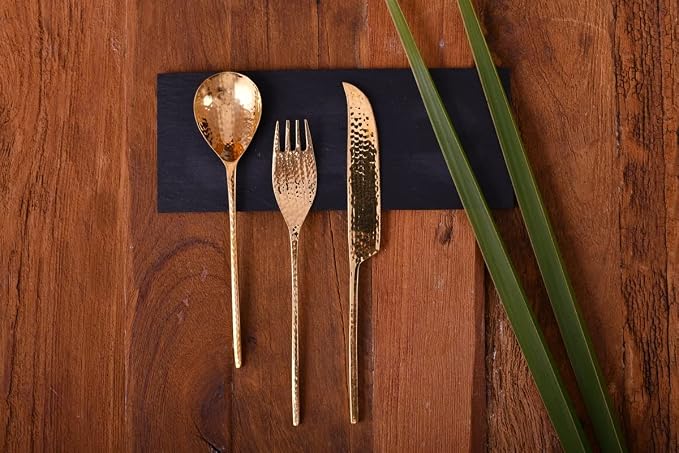 DeKulture Handmade Pure Brass 3 Pieces Cutlery Set Premium Deluxe Tableware