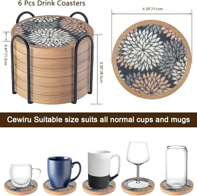 Wood Coasters Set of 6 with Holder, Cewiru Cup Mat