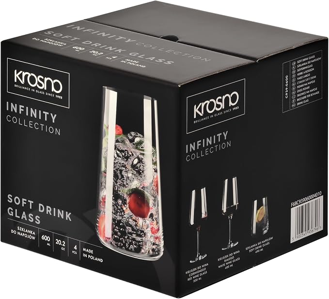 Krosno Water Glasses Set of 4, 20.3 oz, Infinity Collection | Highball Drinking