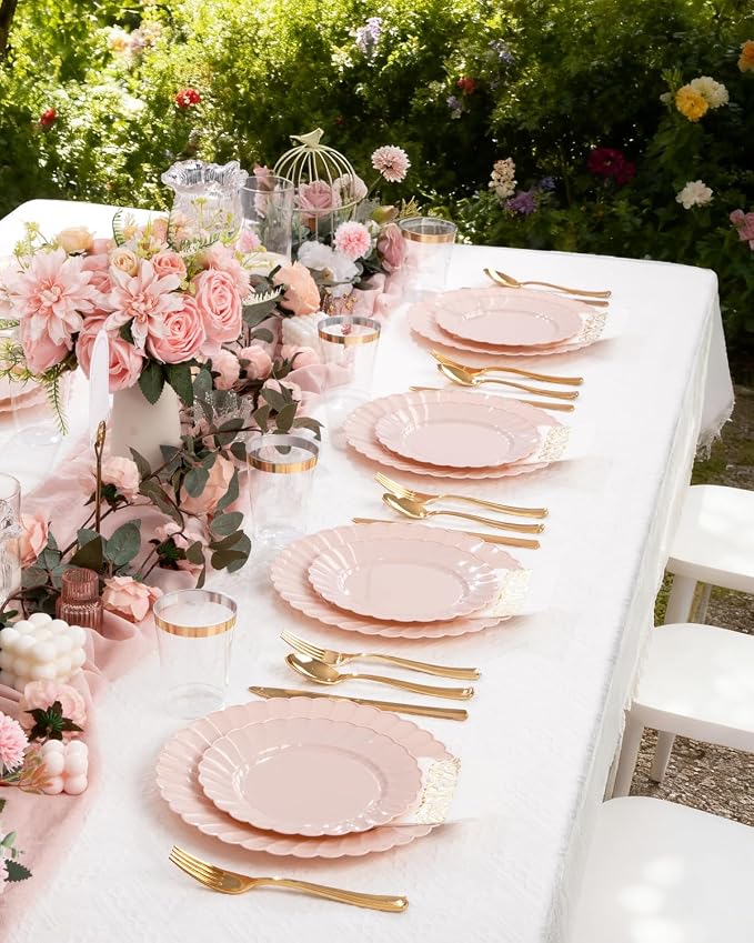 YOUBET 100PCS Pink Scalloped Plastic Plates
