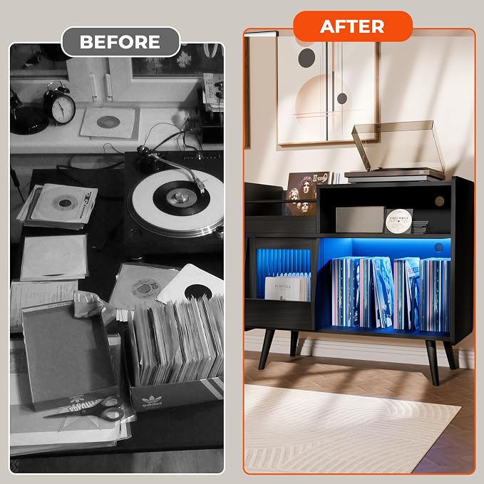 Large Record Player Stand with Sliding Door, 350 Vinyl Record Storage Cabinet
