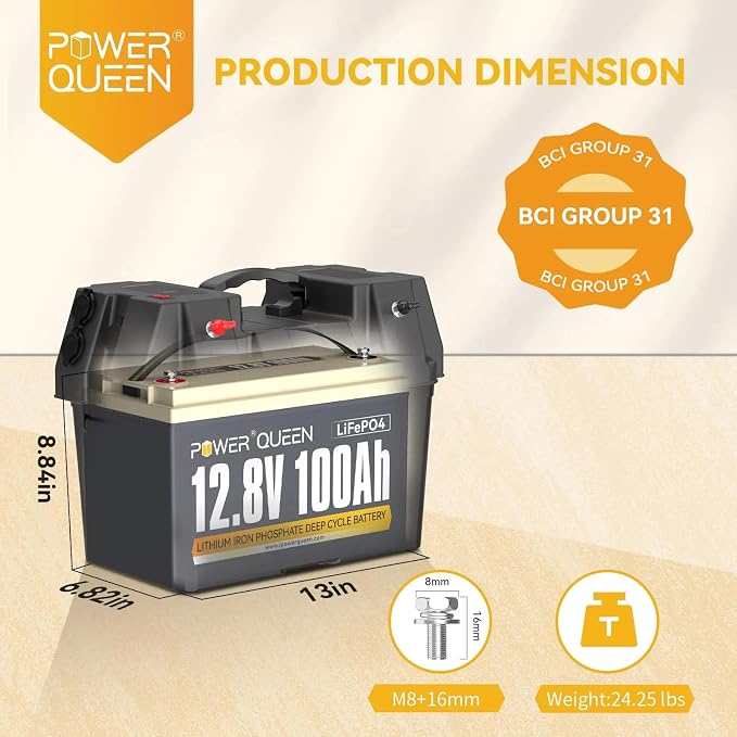 Power Queen LiFePO4 Battery 12V 100Ah Group 31 Lithium Battery, 100A BMS