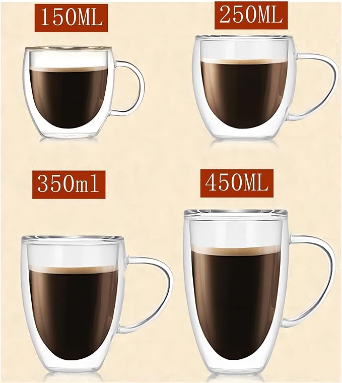 Espresso Cups Set Of 2 8 Oz, Double Walled Glass Coffee Mugs