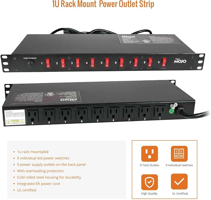 Tecmojo 9-Outlet Rack Mount Overloading Protection Circuit Breaker PDU Power