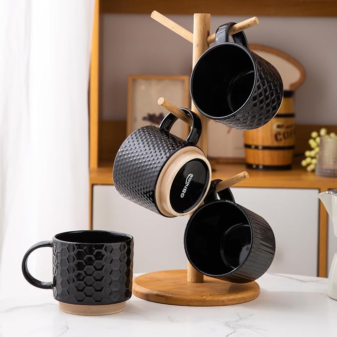 GBhome 12 OZ Stackable Coffee Mugs Set of 4, Ceramic Black Coffee Cups Set | 4