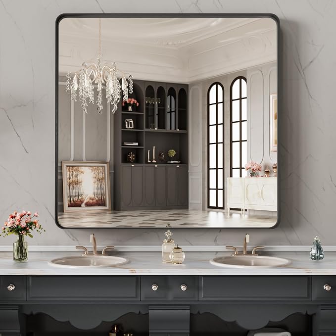 32X32 Inch Black Metal Framed Bathroom Mirror