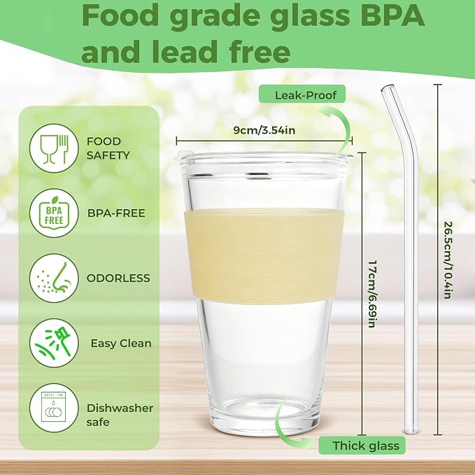 Birity 16oz Glass Cups with Lids and Straws, Glass tumbler With Straw and