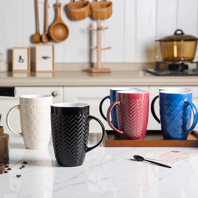 AmorArc 20 oz Large Coffee Mugs Set of 6, Embossed Ceramic Coffee Mugs