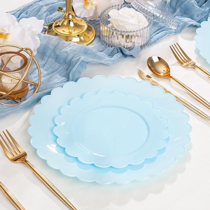 100Pcs Blue Scalloped Plastic Plates Set