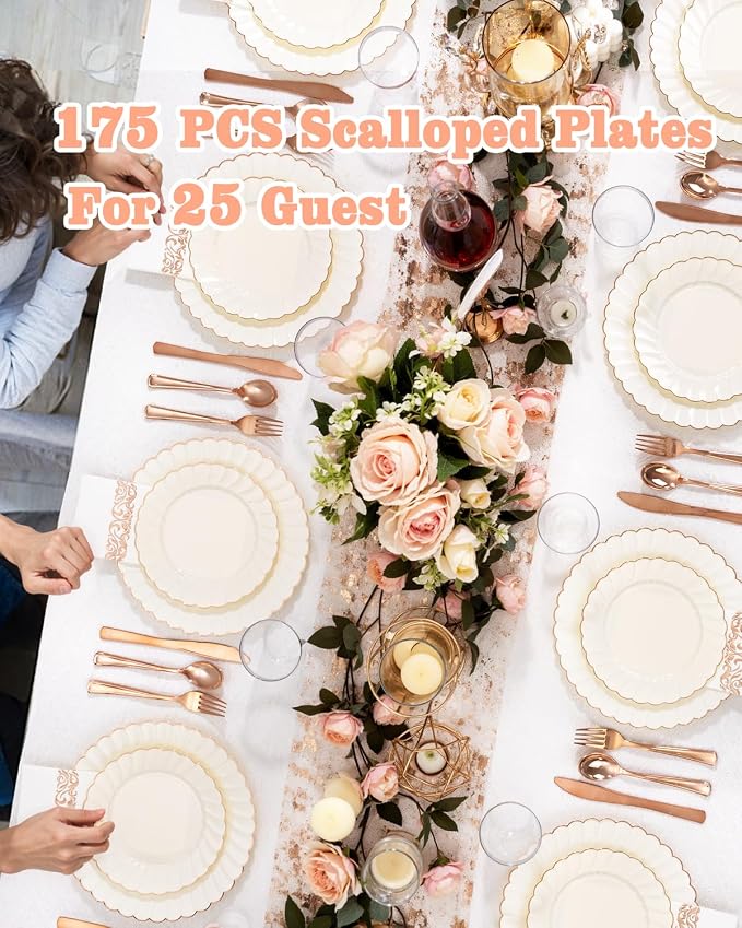 YOUBET 175PCS Ivory Scalloped Plastic Plates