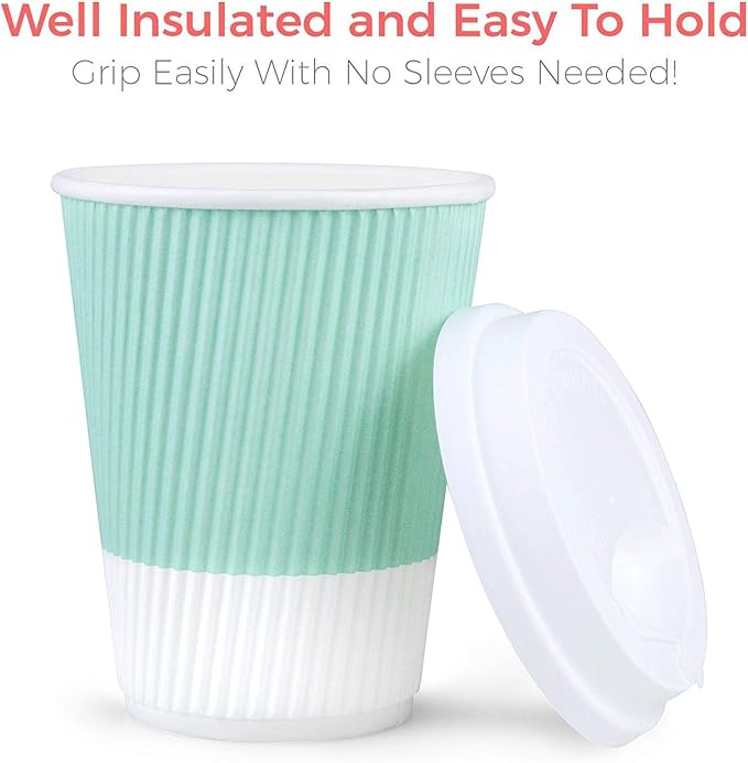 Disposable Coffee Cups With Lids - 12 oz Paper To Go Coffee Cups With