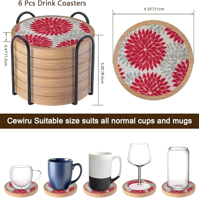 Wood Coasters Set of 6 with Holder, Cewiru Cup Mat