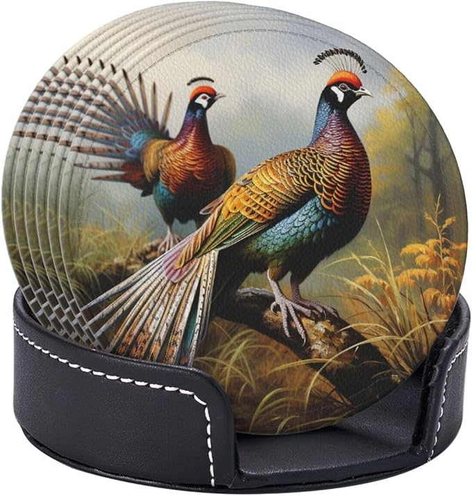 6Pcs PU Leather Coaster for Drinks, Pheasants Animals Cup Coasters