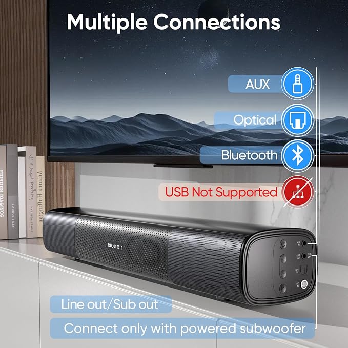 Sound Bar for Smart TV, Bass Boost and Crisp Vocals, Optical/AUX/Wall Mount