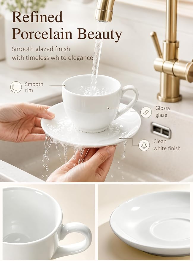 Porcelain Coffee Cups Set with Saucer, 6 Ounce,