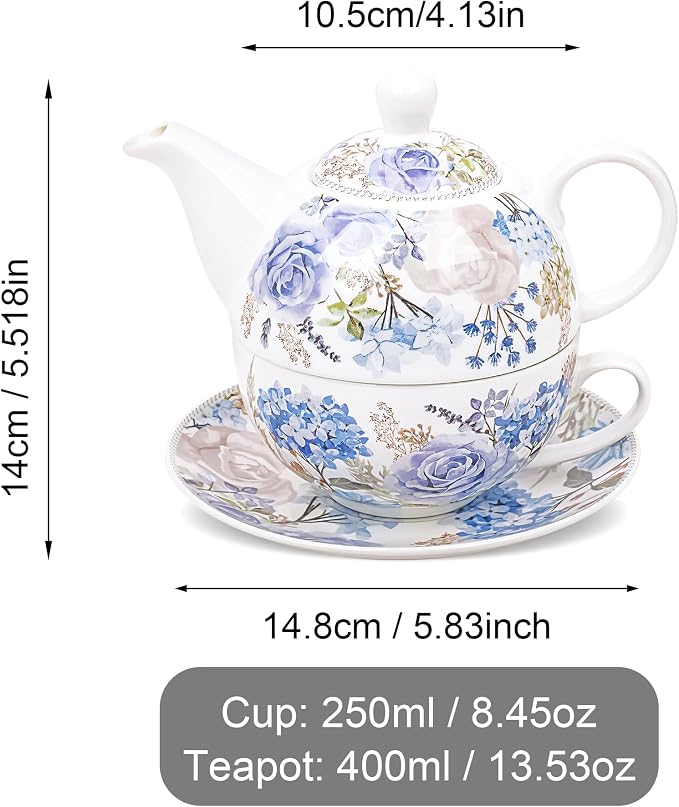 fanquare Blue and Purple Roses and Hydrangeas Porcelain Tea