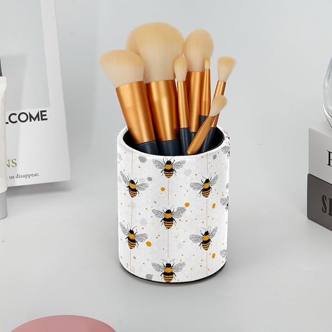 Leather Pen Holder for Desk, Bees Pencil Cup Pen Organizer Makeup Brush Holder