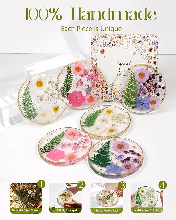 Oqplog Resin Drink Coaster for Desk Coffee Table-White Cute Dried Flowers Cup